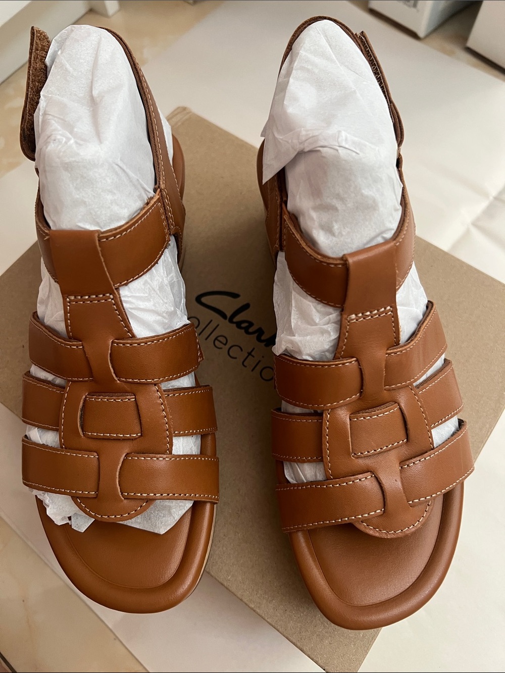 Clarks Women’s Tan Leather Multi-Strap Sandals